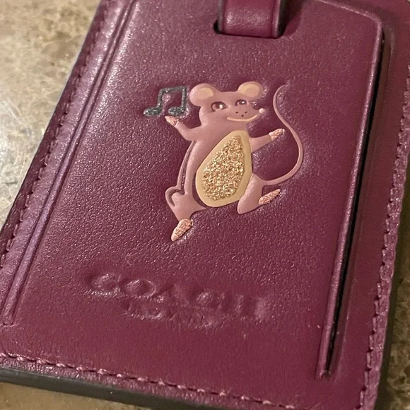 COACH NWOT Burgundy Leather Dancing Mouse Luggage Tag Bag Charm Sparkle Accents - Picture 5 of 13